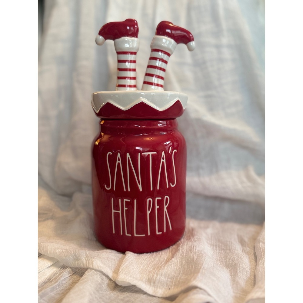 Rae Dunn Santa's Helper Red Christmas Canister Elf Legs Topper